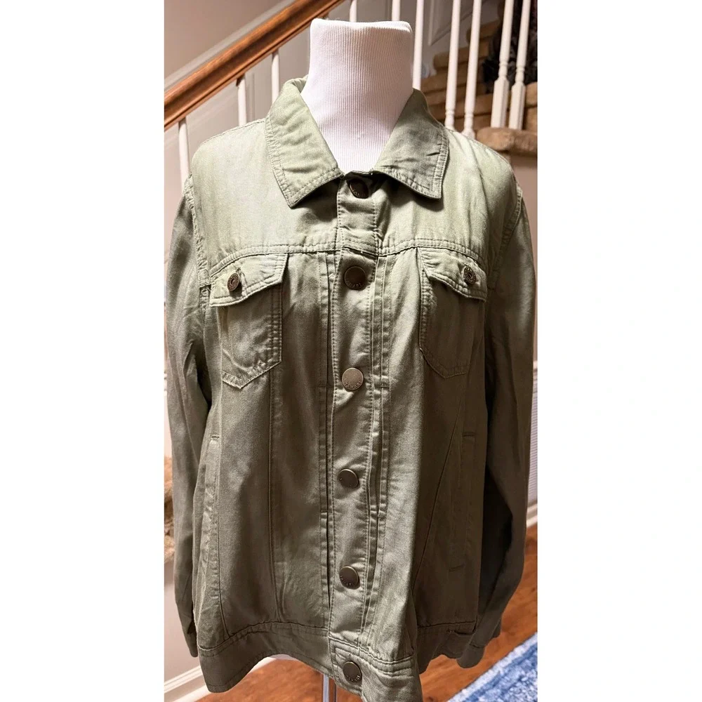 Tahari Womens Olive Green Utility Jacket XL Button Front Pockets MSRP $118